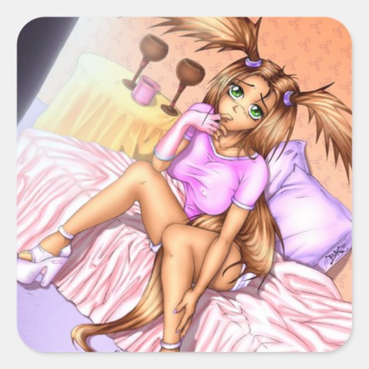Anime Girl Nikki on Bed Quadratischer Aufkleber (Vorderseite)