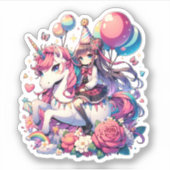 Anime Girl on Unicorn Birthday Aufkleber (Vorderseite)