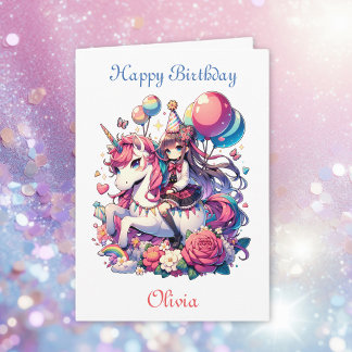 Anime Girl on Unicorn Plus Coloring Page Geburtsta Karte