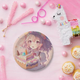 Anime Girl Piece of Cake Whimsical Birthday Pappteller