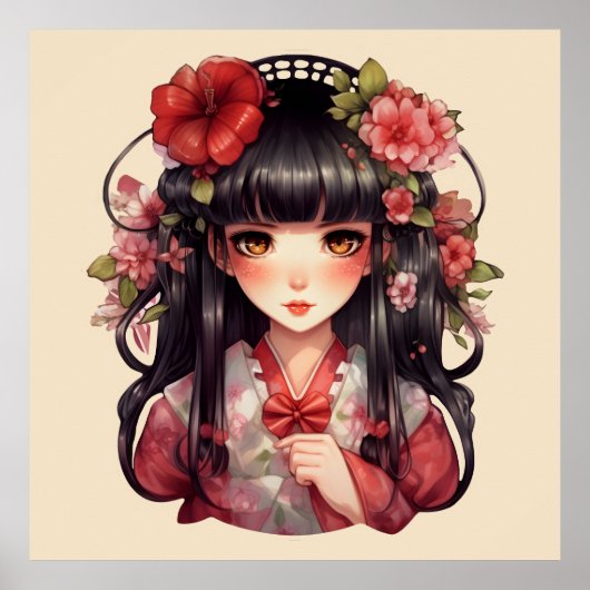 Anime Girl Pink-Blume Poster (Vorne)