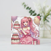 Anime girl Pink Geburtstag Einladung (Stehend Vorderseite)
