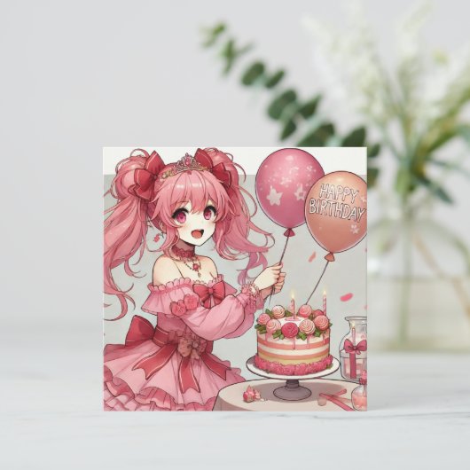 Anime girl Pink Geburtstag Einladung (Stehend Vorderseite)