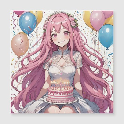 Anime Girl Pink Geburtstag Magneteinladung (Vorderseite)