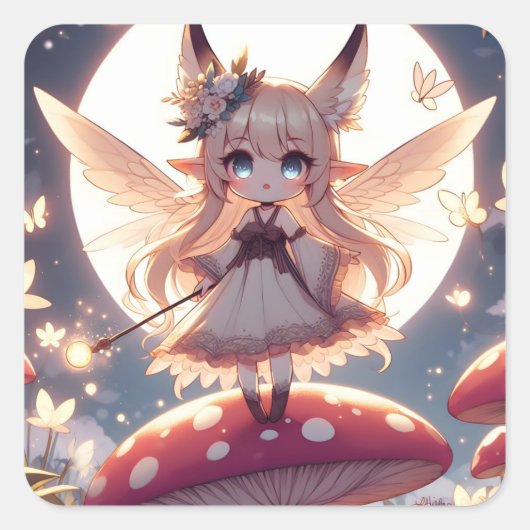 Anime Girl Pixie Hippie Moon Fairy Quadratischer Aufkleber (Vorderseite)