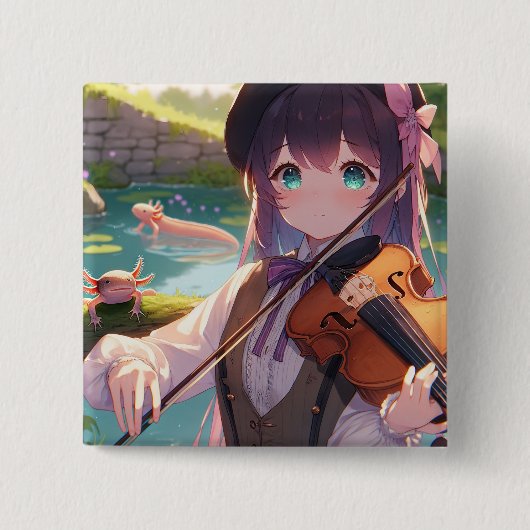 Anime Girl Playing Violine und Axolotls Button (Vorderseite)