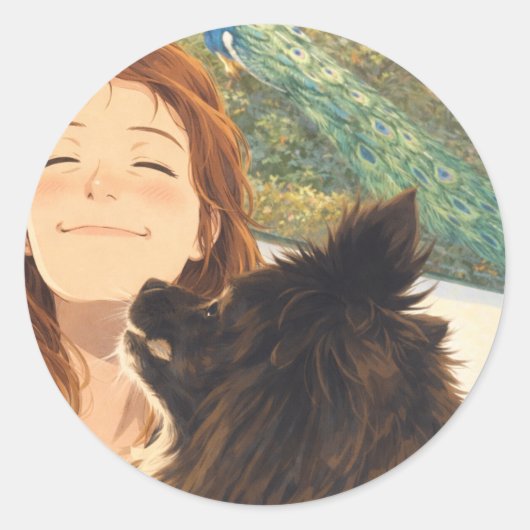 Anime Girl & Puppy Round Sticker (Vorderseite)