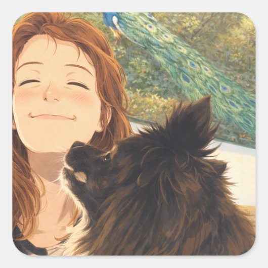 Anime Girl & Puppy Square Sticker (Vorderseite)
