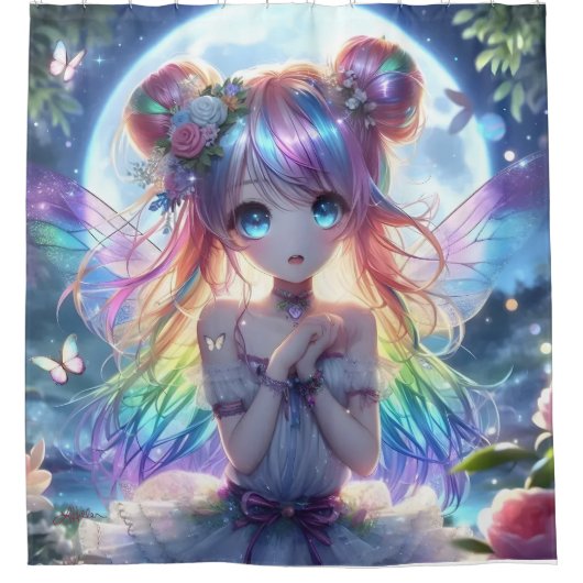 Anime Girl Rainbow Hair Singing Moon Fairy Duschvorhang (Vorderseite)
