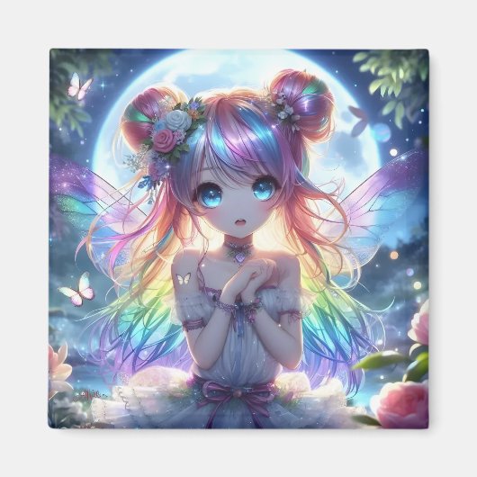 Anime Girl Rainbow Hair Singing Moon Fairy Magnet (Vorne)