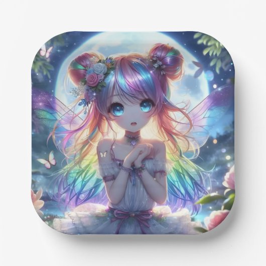 Anime Girl Rainbow Hair Singing Moon Fairy Pappteller (Vorderseite)