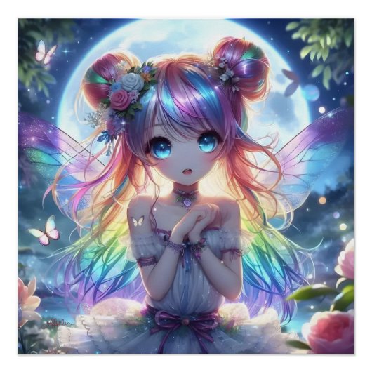 Anime Girl Rainbow Hair Singing Moon Fairy Poster (Vorderseite)