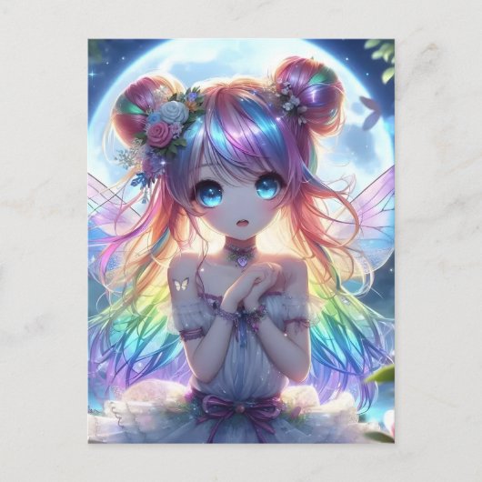Anime Girl Rainbow Hair Singing Moon Fairy Postkarte (Vorderseite)