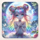 Anime Girl Rainbow Hair Singing Moon Fairy Rechteckiger Pappuntersetzer (Vorderseite)