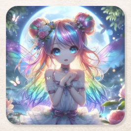 Anime Girl Rainbow Hair Singing Moon Fairy Rechteckiger Pappuntersetzer