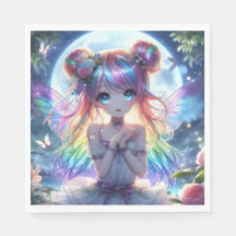 Anime Girl Rainbow Hair Singing Moon Fairy