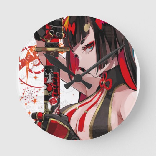 Anime girl Samurai Runde Wanduhr (Vorderseite)