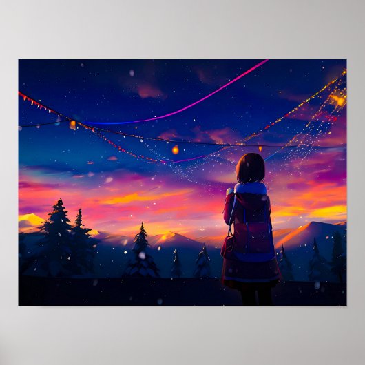 Anime Girl sieht sich Sky Print Poster an (Vorne)
