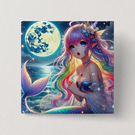 Anime Girl Singing Moonlight Pixie Rainbow Mermaid Button (Vorderseite)