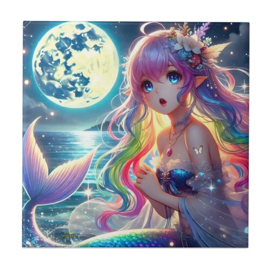 Anime Girl Singing Moonlight Pixie Rainbow Mermaid Fliese (Vorderseite)