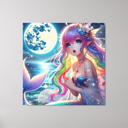 Anime Girl Singing Moonlight Pixie Rainbow Mermaid Leinwanddruck (Vorderseite)