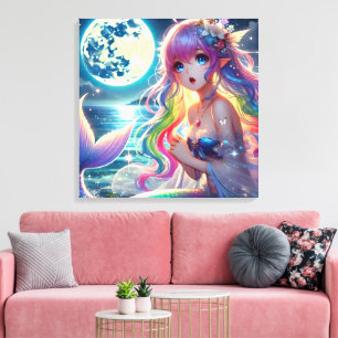 Anime Girl Singing Moonlight Pixie Rainbow Mermaid Leinwanddruck