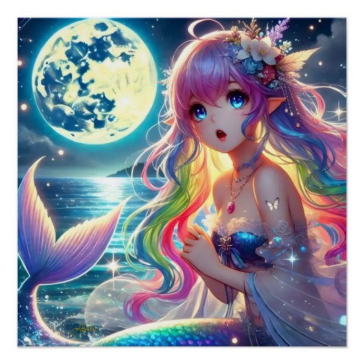 Anime Girl Singing Moonlight Pixie Rainbow Mermaid Poster (Vorderseite)