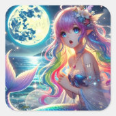 Anime Girl Singing Moonlight Pixie Rainbow Mermaid Quadratischer Aufkleber (Vorderseite)