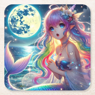 Anime Girl Singing Moonlight Pixie Rainbow Mermaid Rechteckiger Pappuntersetzer