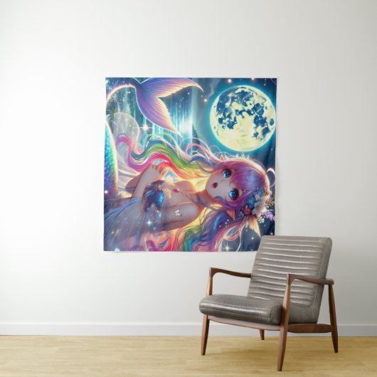 Anime Girl Singing Moonlight Pixie Rainbow Mermaid Wandteppich (Beispiel (Horizontal))