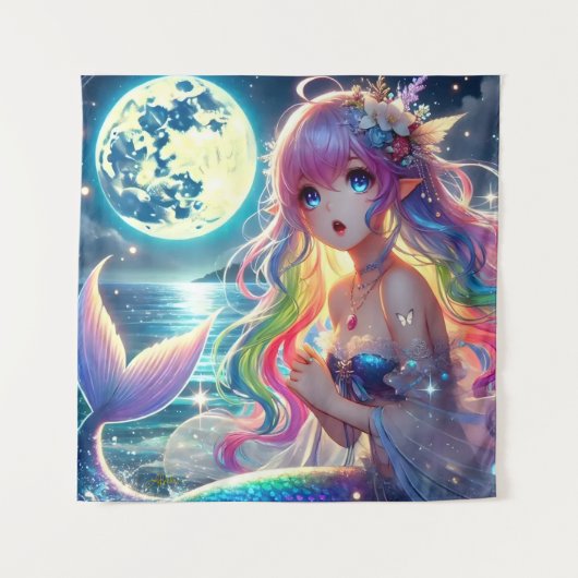 Anime Girl Singing Moonlight Pixie Rainbow Mermaid Wandteppich (Vorderseite)
