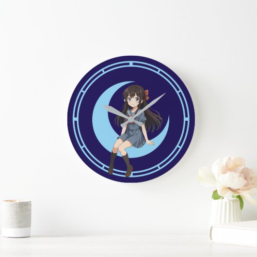 Anime Girl Sitting On A Crescent Moon Große Wanduhr (Zuhause)