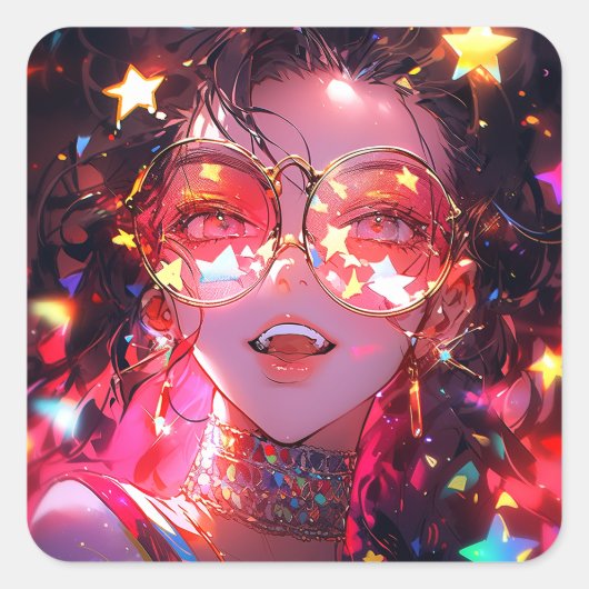 Anime Girl Stars Quadratischer Aufkleber (Vorderseite)