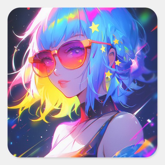 Anime Girl Stars Quadratischer Aufkleber (Vorderseite)