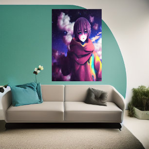 Anime Girl, Sterne und Wolke AI Art Poster