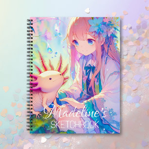 Anime Girl und Axolotl Personalisiert Sketchbook Notizblock
