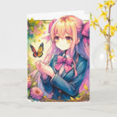 Anime Girl und Butterfly Geburtstagskarte Karte (Gelbe Blume)