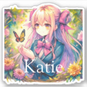 Anime Girl und Butterfly Wasserfarbe Personalisier Aufkleber (Vorderseite)