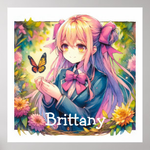 Anime Girl und Butterfly Wasserfarbe Personalisier Poster
