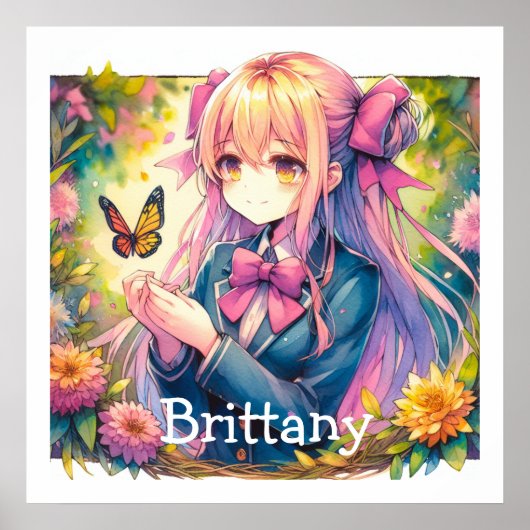 Anime Girl und Butterfly Wasserfarbe Personalisier Poster (Vorne)