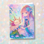 Anime Girl und ein Axolotl zum Personalisierten Ge Karte<br><div class="desc">Geburtstagskarte für ein Mädchen mit Farbseite auf der Innenseite. Hübsches pinkes,  blaues und lila Anime-Mädchen mit Blume im Haar,  das mit einem Axolotl spielt.</div>