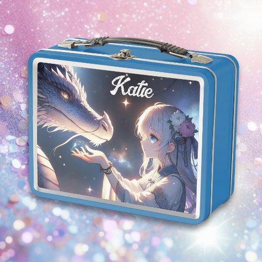 Anime Girl und ihr Drache Mystical Personalisiert Metall Brotdose