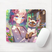 Anime Girl und Siamese Cat Mousepad (Mit Mouse)