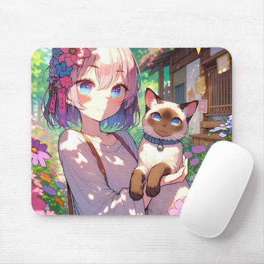 Anime Girl und Siamese Cat Mousepad (Mit Mouse)