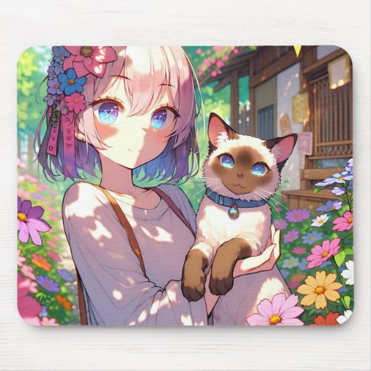 Anime Girl und Siamese Cat Mousepad (Vorne)