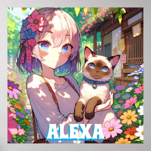 Anime Girl und Siamese Cat Personalisiert Poster (Vorne)