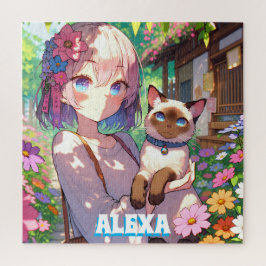 Anime Girl und Siamese Cat Personalisiert Puzzle