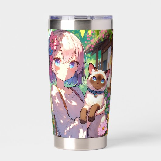 Anime Girl und Siamese Cat Personalisiert Thermobecher (Vorderseite)