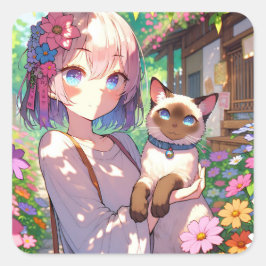 Anime Girl und Siamese Cat Quadratischer Aufkleber