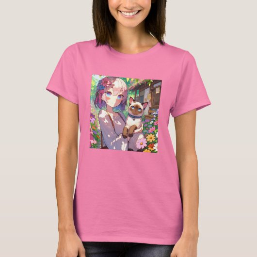 Anime Girl und Siamese Cat T-Shirt (Vorderseite)